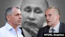 Сергей Аксенов и Владимир Константинов на фоне Владимира Путина. Коллаж