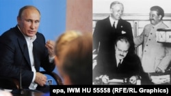 Комбіноване фото. Ліворуч: нинішній керівник Росії Володимир Путін. Праворуч: у присутності Йосипа Сталіна керівник МЗС СРСР В'ячеслав Молотов підписує так званий пакт Молотова-Ріббентропа із нацистською Німеччиною (за Молотовим стоїть німецький міністр Йоахім фон Ріббентроп), 23