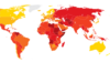 Transparency International ұйымының 2014 жылғы жемқорлық рейтингісін әлем картасы арқылы суреттеуі. Сары түс - жемқорлық деңгейі төмен, қызыл түс - жемқорлық деңгейі жоғары елдің сипаттамасы.