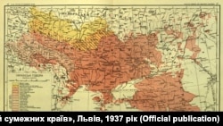 Мапа «Українські говори» з «Атласу України й суміжних країв», виданого у 1937 році у Львові під загальною редакцією Володимира Кубійовича. Видання Наукового товариства імені Шевченка